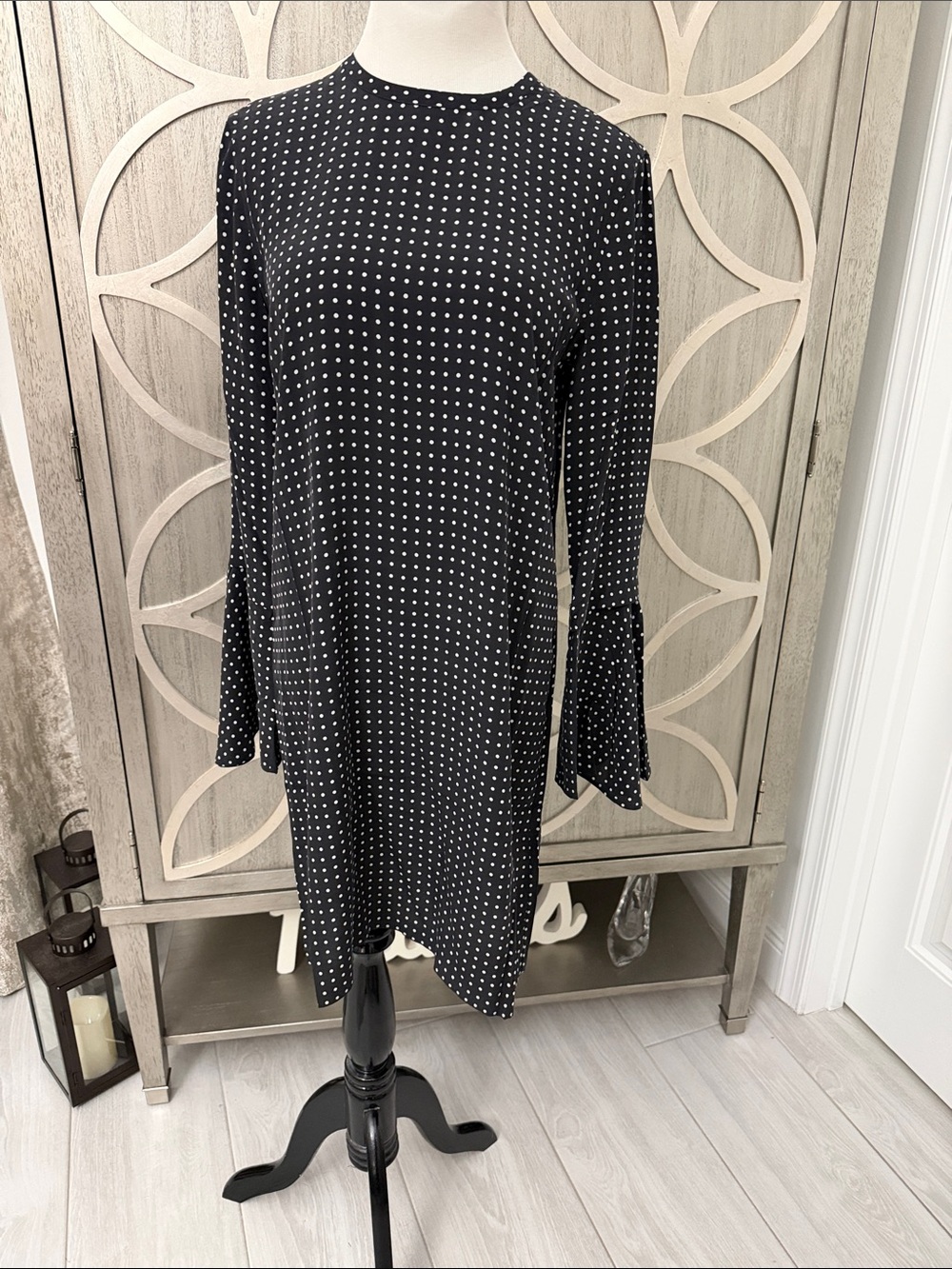 100% silk Equipment Black Dress with White Polka Dots, Long Sleeve